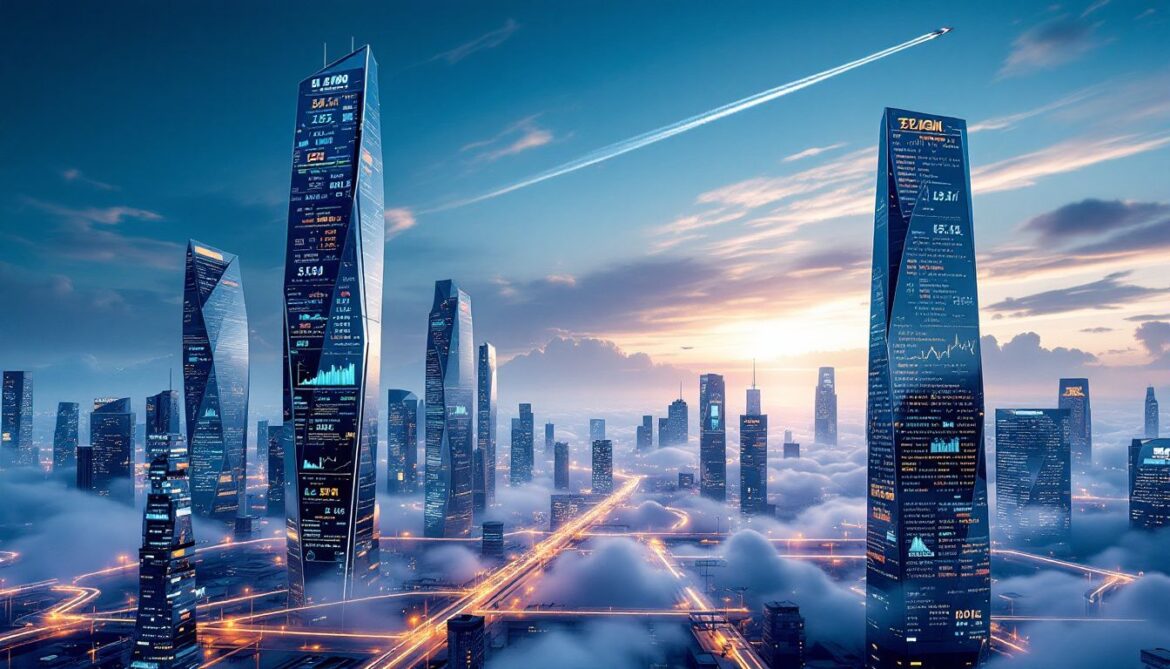 A futuristic financial district with stock charts in the sky, a subtle airplane in the background, and glowing energy pipelines, symbolizing market trends and challenges.