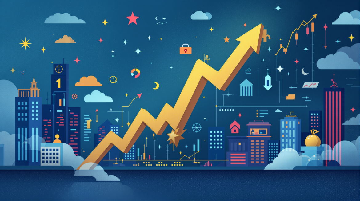 an illustration for a stock going up and down and inside a stock market.