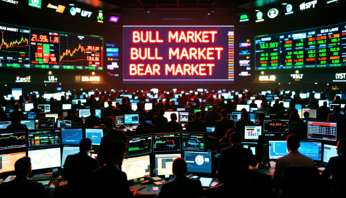 A depiction of a stock market trading floor with mixed performance indicators on digital screens.