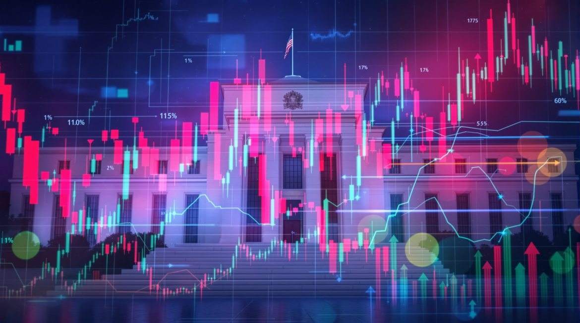 A dynamic stock market scene with graphs and charts showing fluctuations, set against a backdrop of a Federal Reserve building.