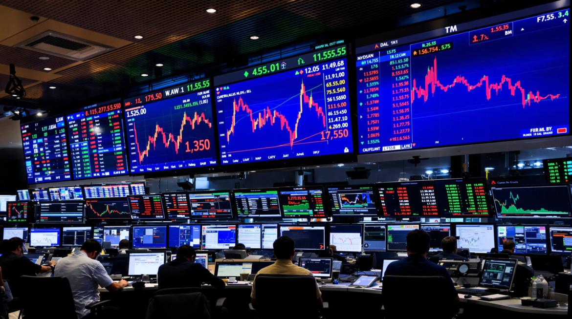 A modern financial trading floor with digital screens displaying stock indices and market data.