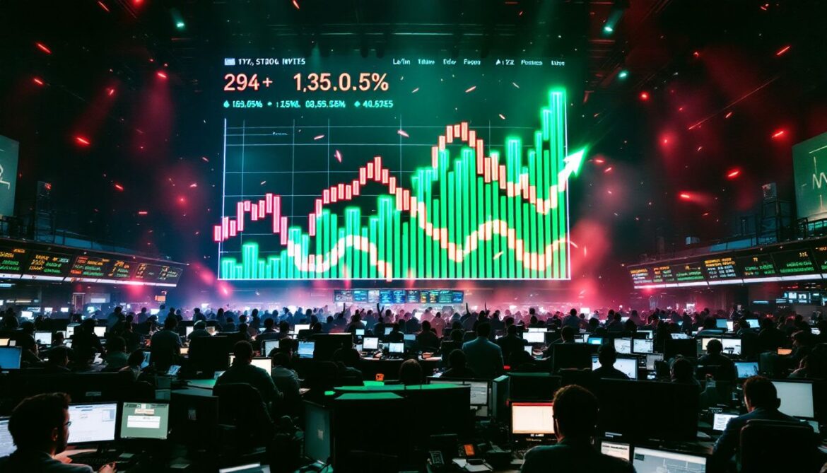 A vibrant stock market scene with charts and tickers showing gains and losses, reflecting the dynamic trading activity of the day.