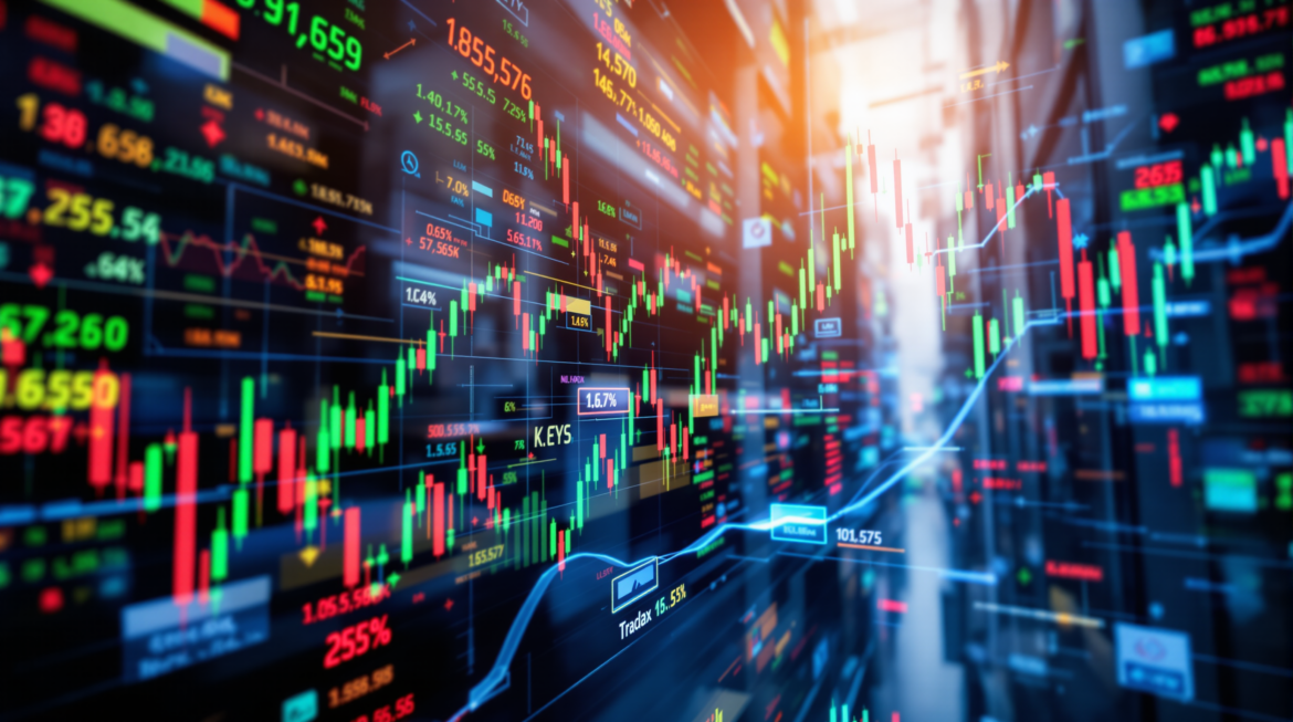A dynamic stock market scene showing fluctuating graphs and tickers, symbolizing market activity