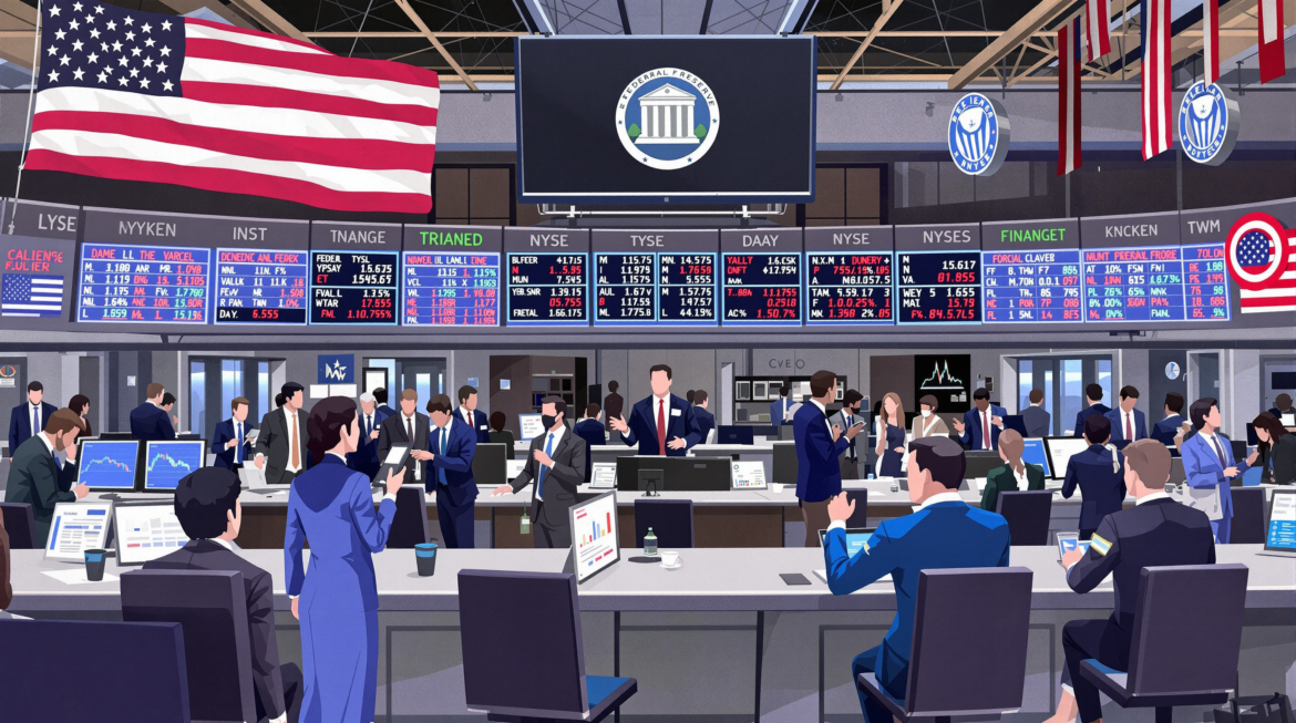 A depiction of a financial market scene with stock tickers, traders, and a Federal Reserve announcement board.