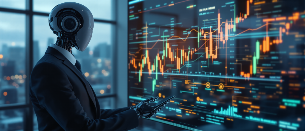 A professional AI financial analyst in a sleek business suit, studying a glowing stock chart in a modern office with a city skyline in the background.