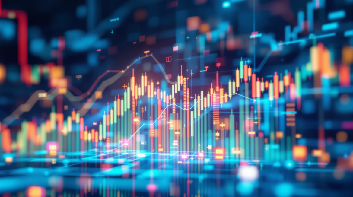 A dynamic stock market illustration showing the charts of the Stock Market flowing in a hologram