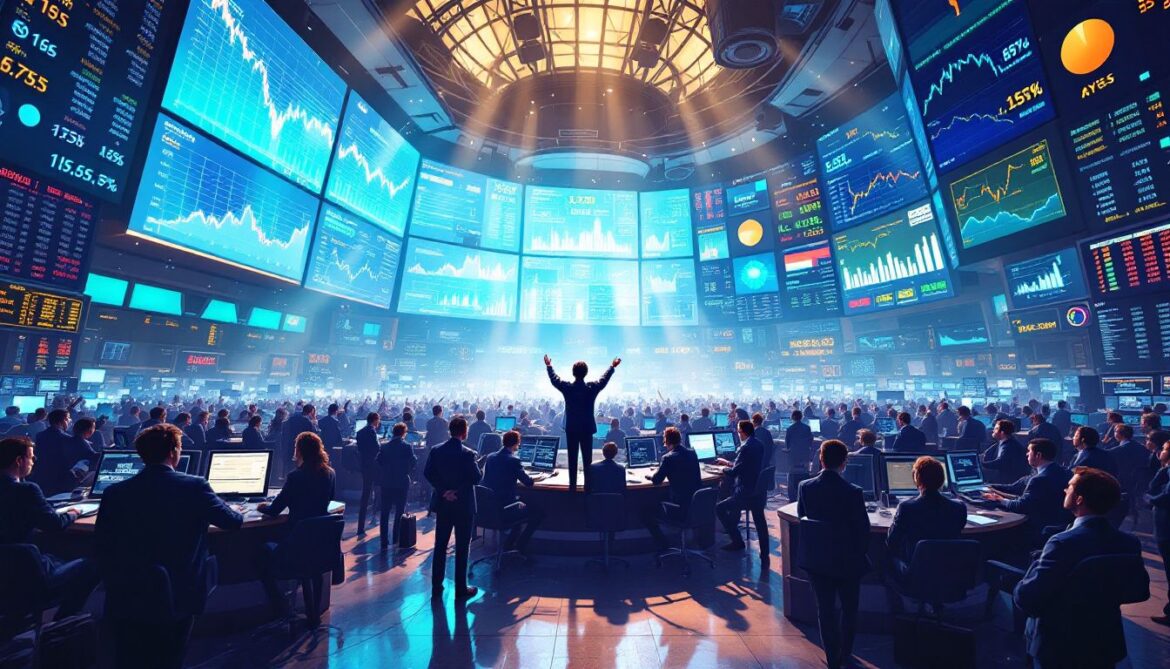 A bustling stock exchange floor with traders analyzing data on large screens, reflecting a positive market trend.