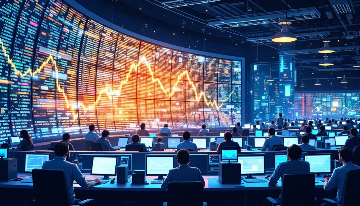 A visually engaging representation of stock market dynamics, showing charts, tickers, and trading activity.