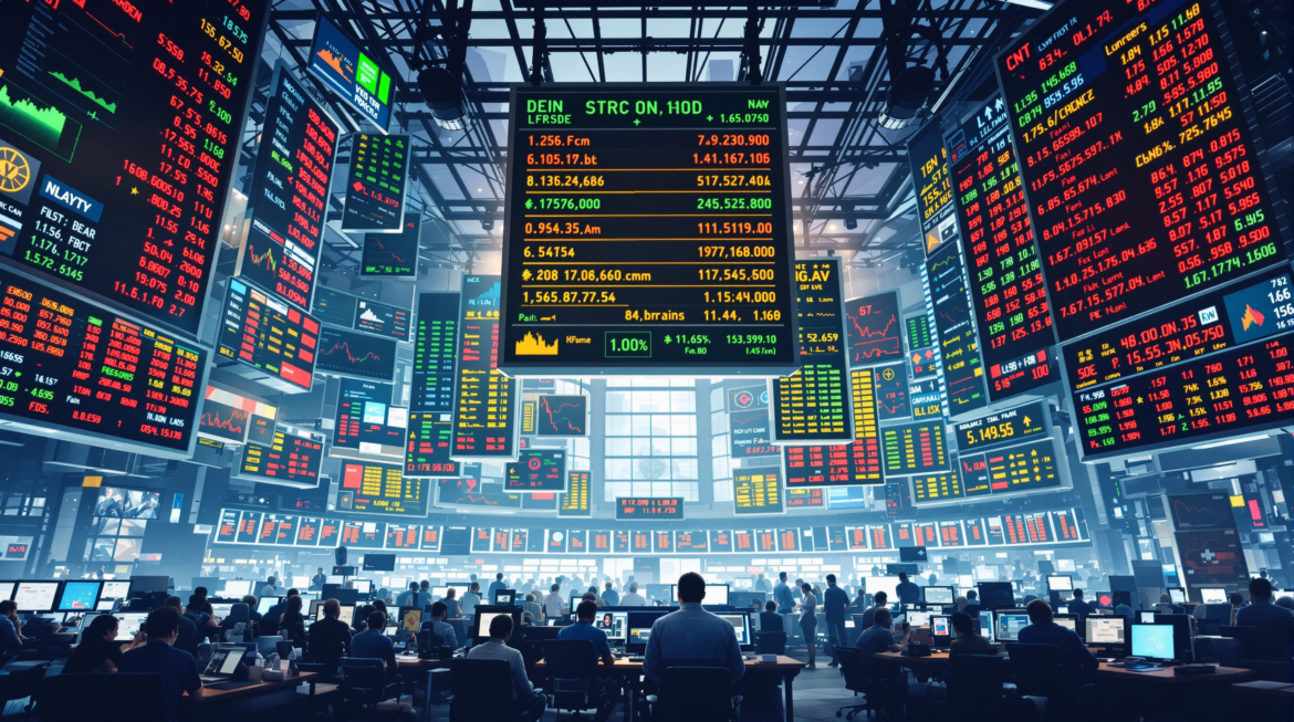 A dynamic stock market scene showing fluctuating stock tickers and a bustling trading floor.
