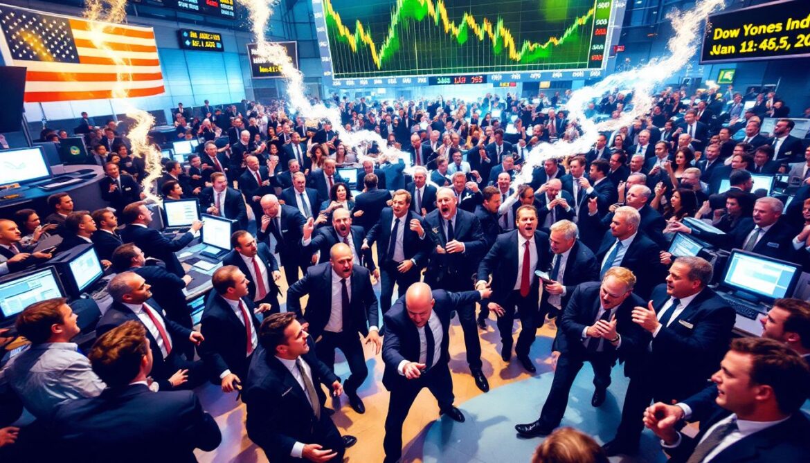 A bustling stock exchange floor with traders actively engaging, reflecting the mixed market performance of January 2, 2025