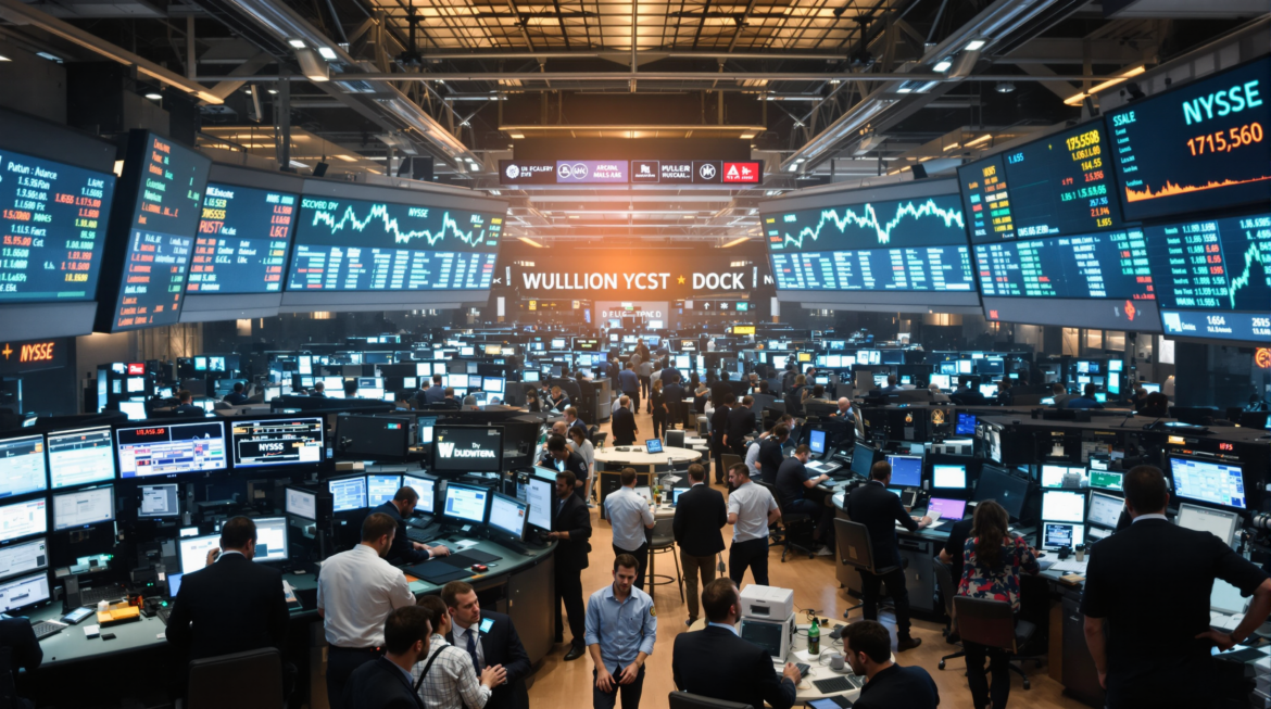 A bustling stock exchange floor with traders actively engaging, large screens displaying stock indices showing upward trends