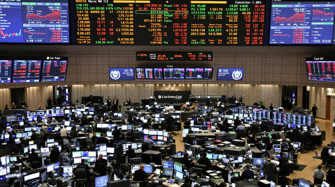 A bustling stock exchange floor with traders actively working, displaying large digital screens showing stock indices and market data.