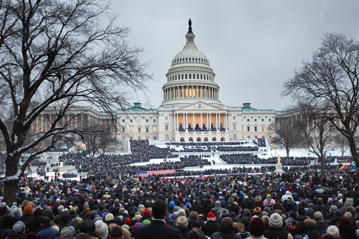 A depiction of the U.S. Capitol with a crowd gathered for an indoor inauguration ceremony, reflecting a cold winter day.