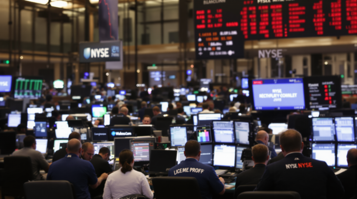 A bustling stock exchange floor with traders actively monitoring screens, reflecting a mix of optimism and caution in the market.